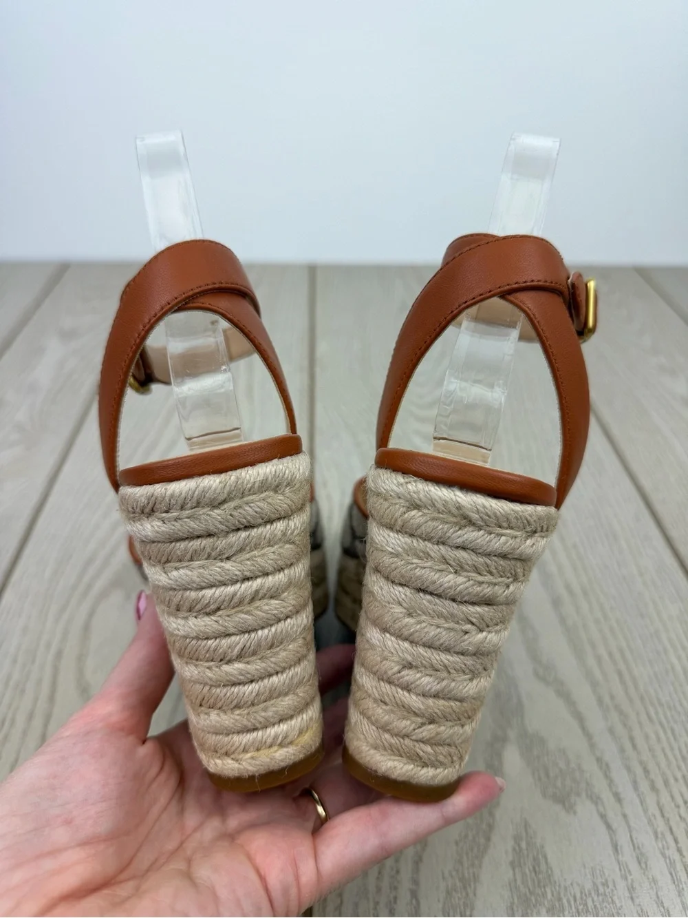 Coach Women's Signature Jacquard Espadrille Wedge Sandals 6.5B Cocoa Amber $175